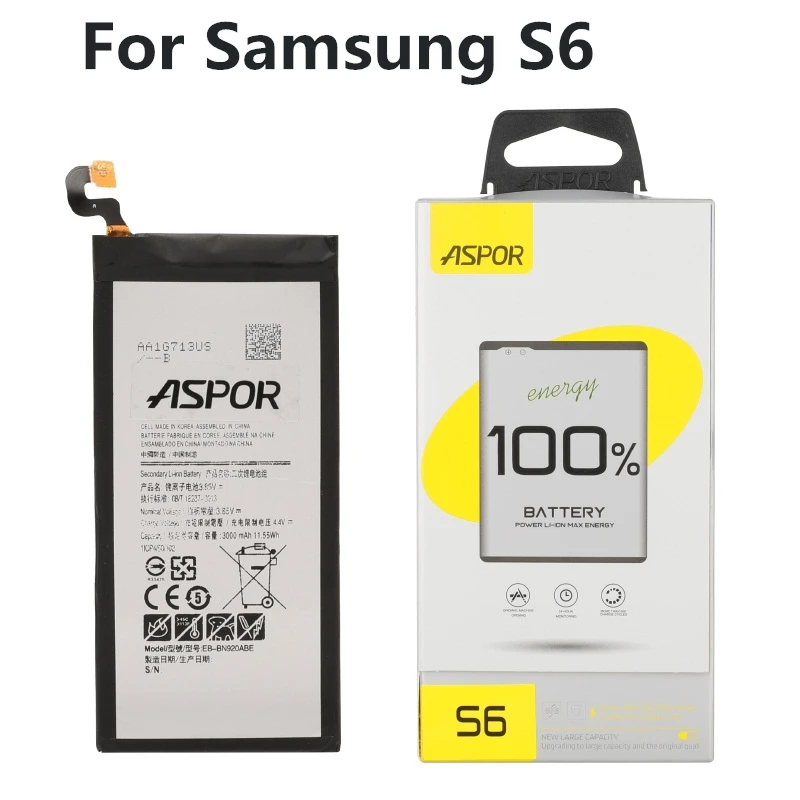 

ASPOR For SAMSUNG Replacement Battery EB-BG920ABE For Samsung GALAXY S6 SM-G920 G920F G920i G920A G920V G9200 G9208 G9209