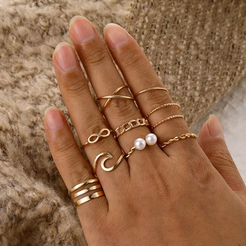 Boho Gold Silver Color Pearl Rings Set For Women Fashion Geometric Twist Hollow Open Ring Joint Finger Rings Charm Jewelry