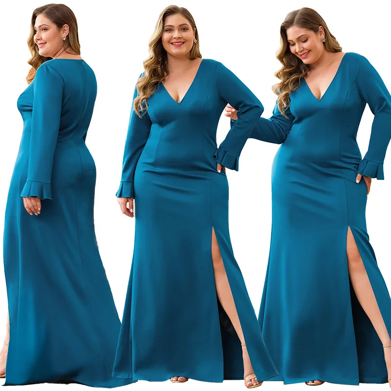 

Formal Party Gowns 2020 Peacock Blue Women Banquet Dresses R148 Deep V-Neck Elegant Evening Dress Mermaid Split Robe De Soiree