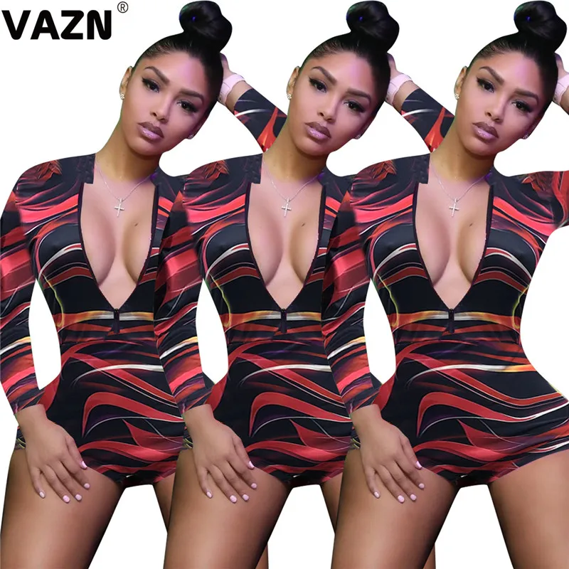 VAZN GYD18082 chic design summer sexy lady colors bodysuit full sleeve zipper fly skinny jumpsuit lady sexy club jumpsuits