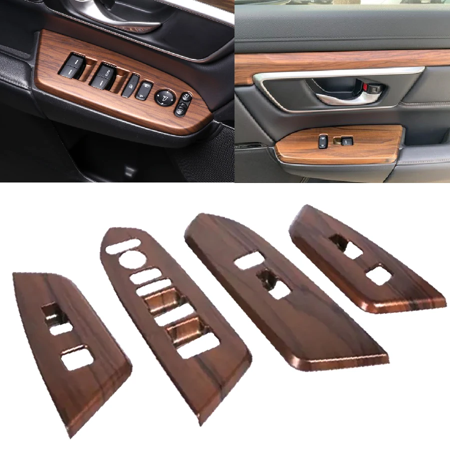 

4Pcs Peach Wood Grain Window Lift Button Switch Panel Cover Frame Trim For Honda CRV CR-V 2017-2022 LHD Car Styling Accessories