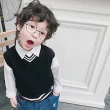 Детский вязаный жилет в школьном стиле; весенняя одежда; Новинка года; стильный Хлопковый вязаный жилет с v-образным вырезом для маленьких мальчиков и девочек