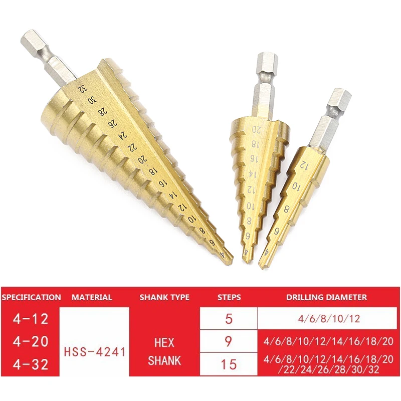 Дрель yalku с коническим отверстием производства Мощность инструменты на возраст от 4 до 12 лет/20/32 мм Шаг Сверло HSS Сталь конус ступенчатая Буровая головка бура заточка отверстие инструменты для зенковки сверло