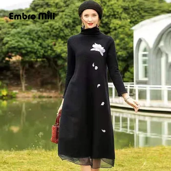 

Winter Knitted Wool Embroidery Dress Street Style High collar Long-Sleeved Elegant A-Line Lady Sweater Dress S-XL
