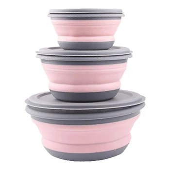 

3Pcs/Set Bowl Sets Silicone Folding Lunch Box Folding Bowl Portable Silicone Folding Bowl Foldable Salad Bowl with Lid Pink