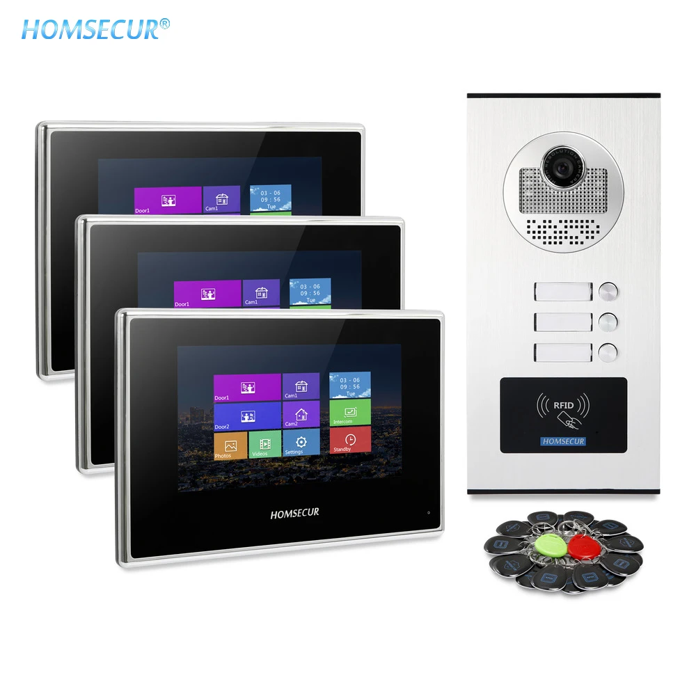 HOMSECUR " видеодомофон Телефонный звонок Системы с доступа RFID для 2/3/4-квартиры XC111-2/3/4+ BM718-B - Цвет: For 3-Apartments