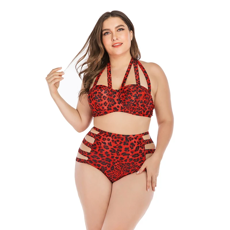 

High Waist Hollow-out Bikini Swimwear Women Tankini Leopard Printed Halter Top Lady Underwire Padded Bra Plus Size Swimsuit Bea
