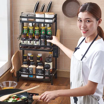 

Stainless steel kitchen rack black condiment oil sauce metal stand seasoning shelves kitchen accessories organizer supplies