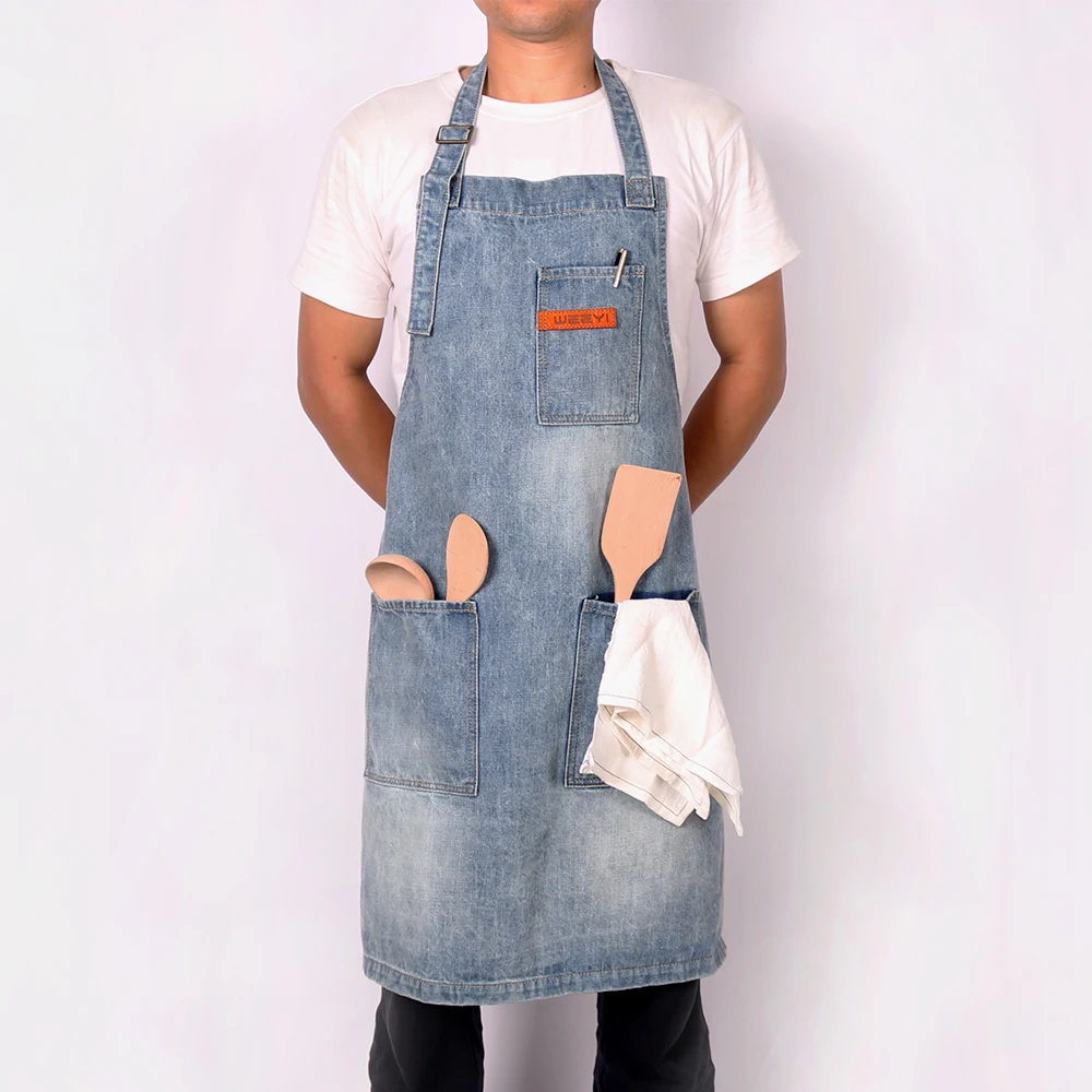 WEEYI Vintage Blue Kitchen Denim Aprons For Men Women Unisex Homewear Workwear Apron For Cooking Chef Barista Bartender delantal