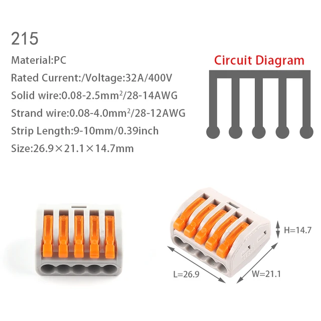 5PCS Fast Wire Cable Connectors Universal Compact Conductor Spring Splitter Wiring Connector Push-in Terminal Block For Electric 215(PC)