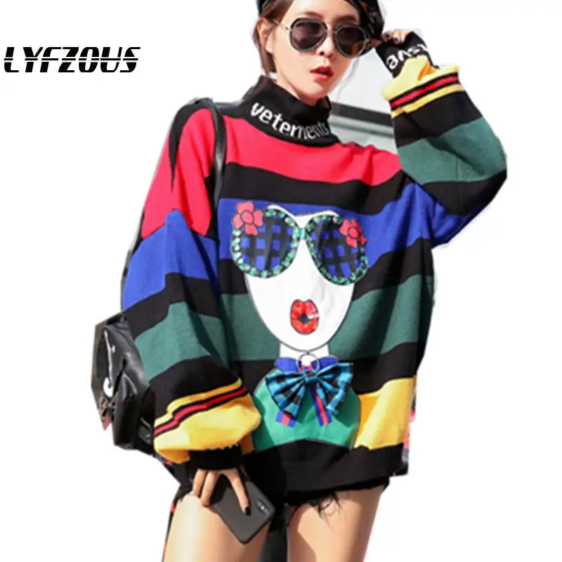 Autumn Turtleneck Rainbow Stripes Sweaters Women Streetwear Miss Print Knitted Pullovers Ladies Bow-knot Loose Jumper Tops | Женская