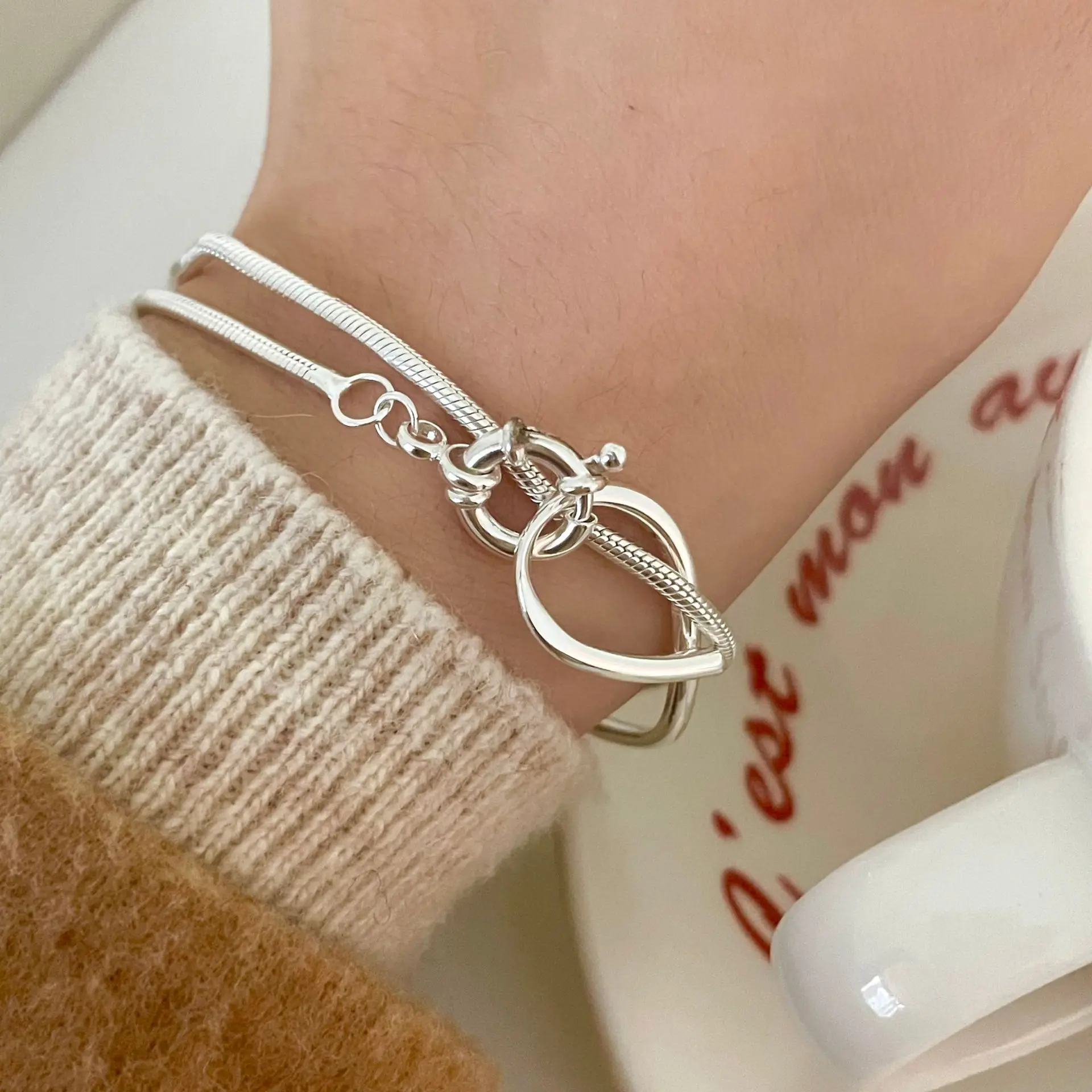 

Authentic 925 Sterling silver Double Rows Snakebone chain & Bangle Cuff Bracelet buckle clasp &circle Jewelry C-A307