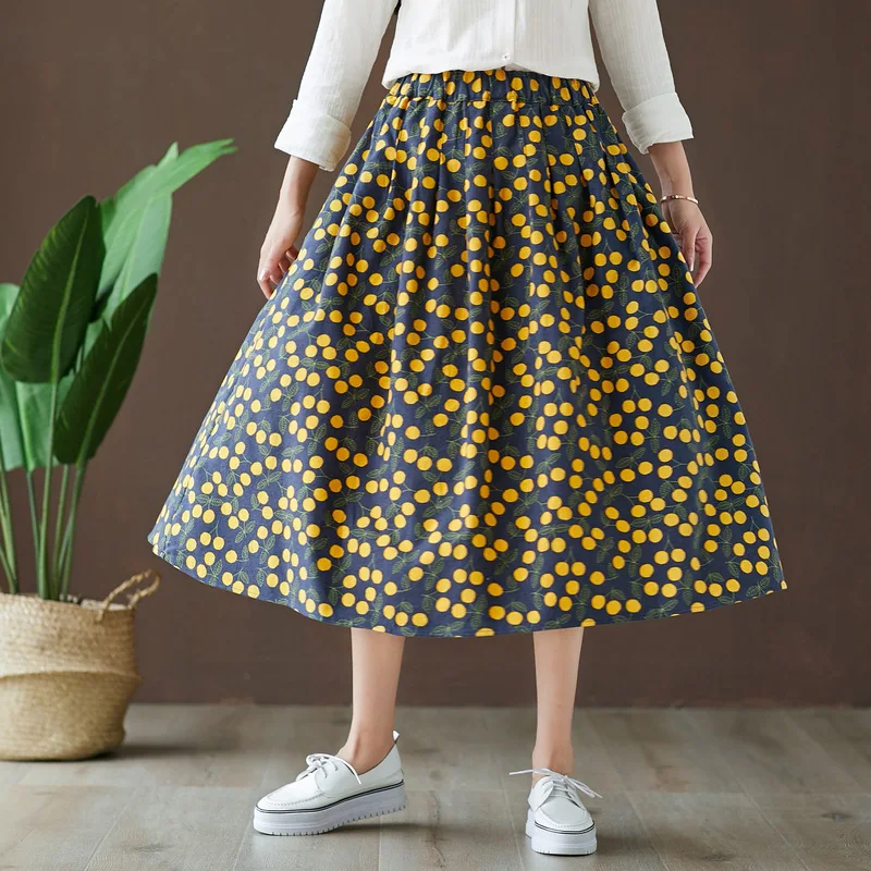 

Retro Elastic Waist Loose-Fit Polka Dot Skirt Early Autumn Versatile Literature And Art Midi-skirt Cotton WOMEN'S Skirt S27931