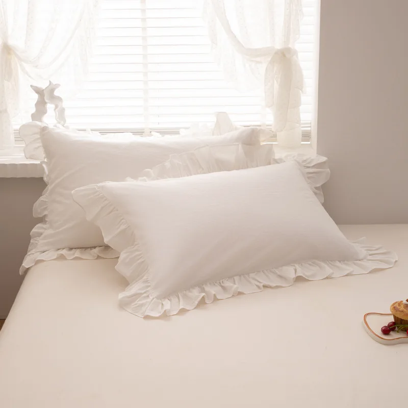 Cilected 2pcs Korean Princess Style Washed Cotton Pillow Cover Solid