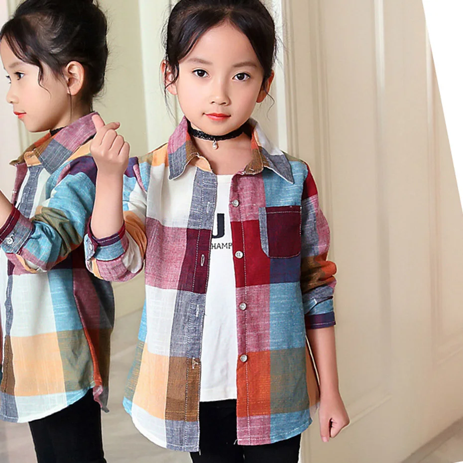 

Shirt For Girl Plaid Blouse Girl Turn Down Collar Children's Shirt For Girls Fashion Patchwork Girls Winter Clothes New Year
