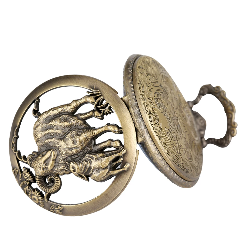Bronze Pocket Watch Chinese Zodiac Sheep Half Hunter Pendant Watches Necklace Chain Steampunk Fob Watch Clock Men Women's Gifts
