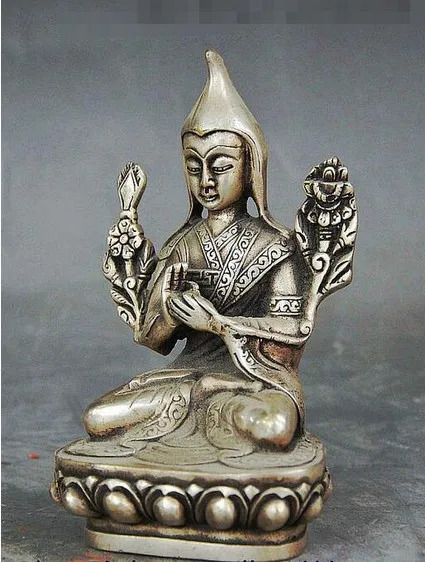 YM 308 Tibetan Buddhism Temple Fane Silver Evil Guard Je Tsongkhapa Buddha Statue