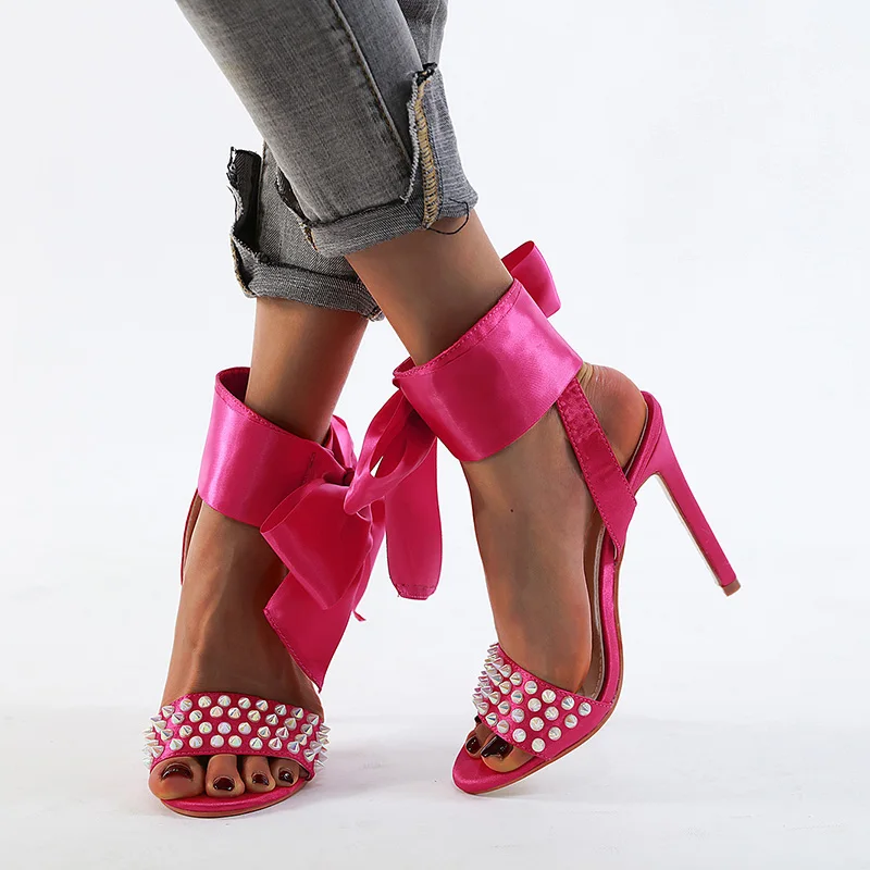 Plus Size 42 Solid Color Bow Rivet Women's Sandals Stiletto High Heels Casual Round Toe Women's Shoes NIUFUNI Sandalias De Mujer