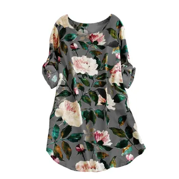 

Women's Floral Print Mini Dress Summer Party Long Shirt Dress Cotton Linen Dress Plus Size,Gray XXL
