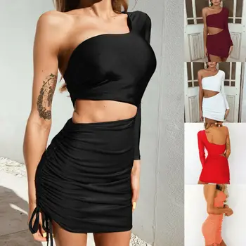 

New Women's Sexy One Shoulder Solid Color Hollow Out Low-cut Sexy Bodycon Mini Dress Clubwear