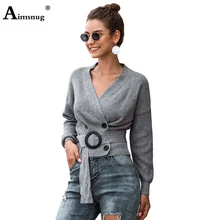 Women Crop Top Sweaters Autumn 2020 Casual Sashes V-neck Lace-up Cris Cross Knitted Sweater Femme Winter Warm Clothes Cardigans