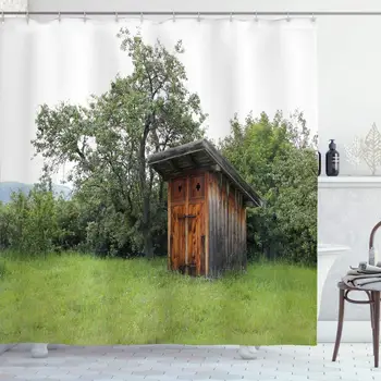 

Outhouse Shower Curtain, Wooden Little Hut Barn Shed Cottage in Nature Forest Image, Cloth Fabric Bathroom Decor Set with Hooks