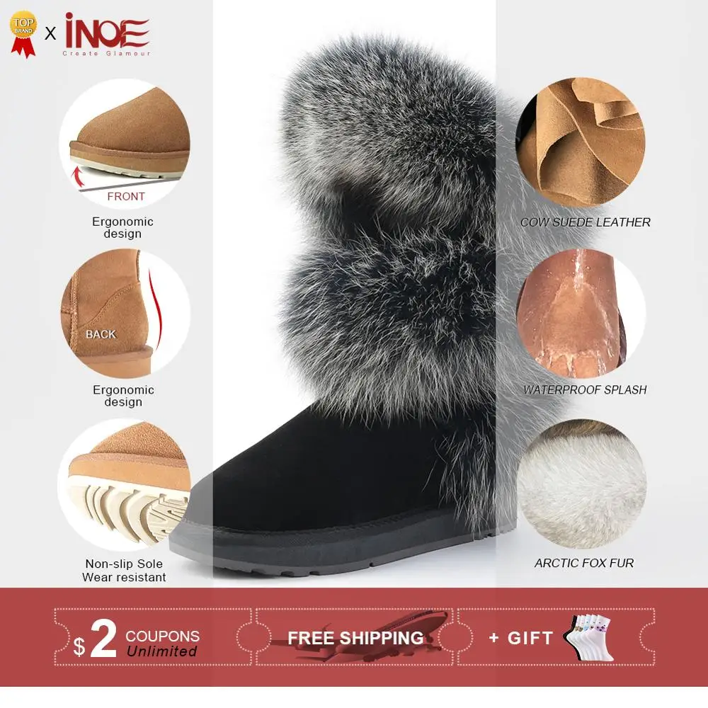 Najtaniej INOE luksusowa moda miękkie Arctic Fox zimowe buty z futerkiem dla kobiet kolana wysokie utrzymuj ciepłe buty na śnieg skóra zamszowa czarny szary
