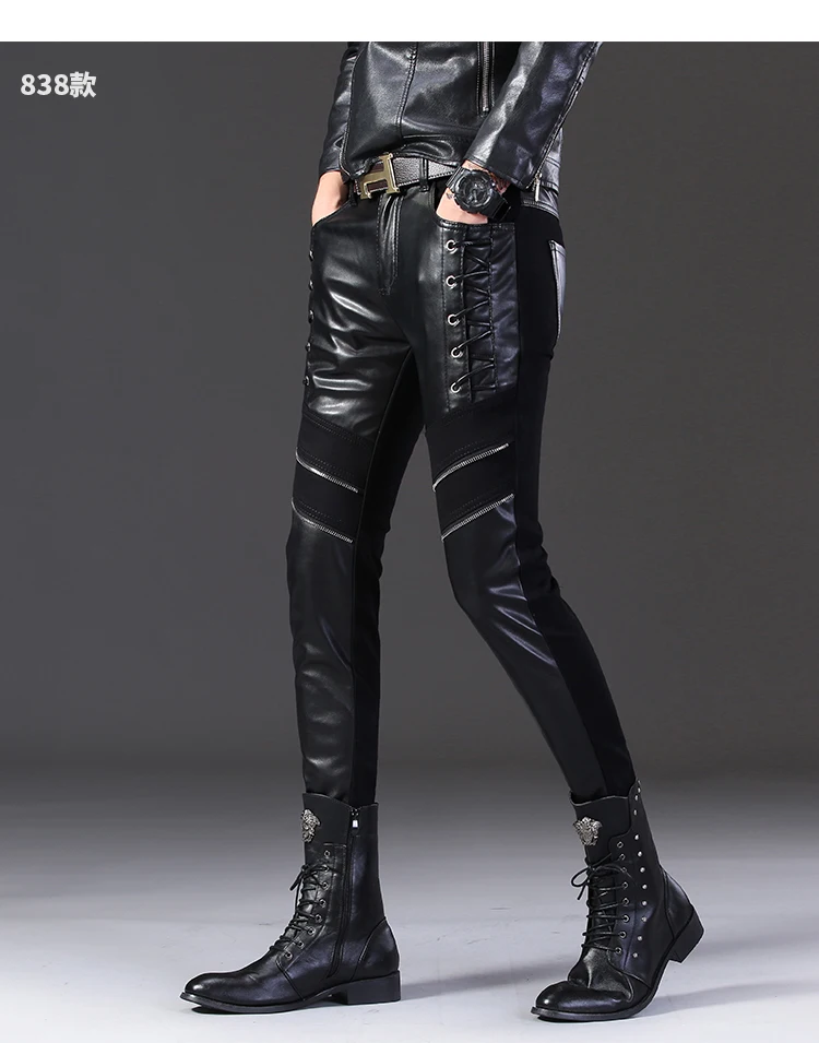 HOO 2024 Men's Slim-Fit Leather Pants Teen Trend Semi-Leather Pants Fashion Stitching Skinny Leather Pants