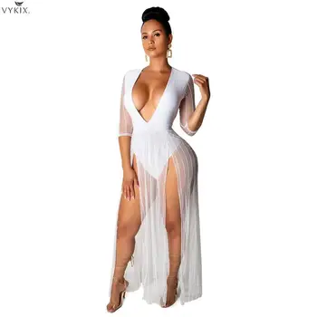 

Summer Sheer Mesh Dress Patchwork Bodysuit Sexy Dress Deep V Neck Half Sleeve High Slit Maxi Night Clubwear Party Dress Vestidos