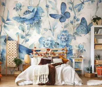 

CJSIR Custom 3d Wallpaper Mural Blue Flowers and Birds Flower Branches Hand-painted American Pastoral Background Wall Paper