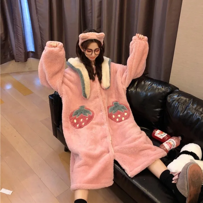

Autumn And Winter Women's 2019 New Style Coral Velvet Nightgown Robe Women Pajamas Sweet Cute Outer Wear Tracksuit Strawberry Fa