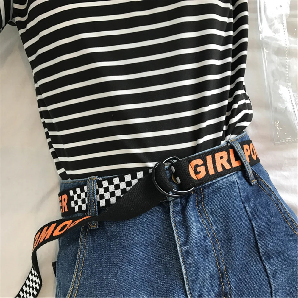 

Girl Power Women Belt Fashion Harajuku Double D Ring Buckle 130cm Long Strap Female Letter Printing Canvas Belts For Jeans 123