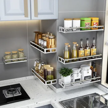 

Modern Mini Kitchen Supplies Stainless Steel Racks Punching Condiment Rack Wall-mounted Condiment Oil Salt Sauce Vinegar Rack