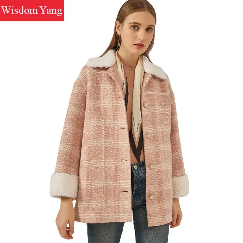

Winter Coats Womens Sheep Wool Pink Plaid Outerwear Ladies Jackets Korean Casual Loose Oversized Woolen Overcoat Woollen Coats