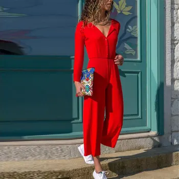 

Autumn Womens Solid Long Sleeve Jumpsuit Elegant Sexy Deep V-Neck Black Bodycon Jumpsuits Romper Women Playsuit macacao feminino