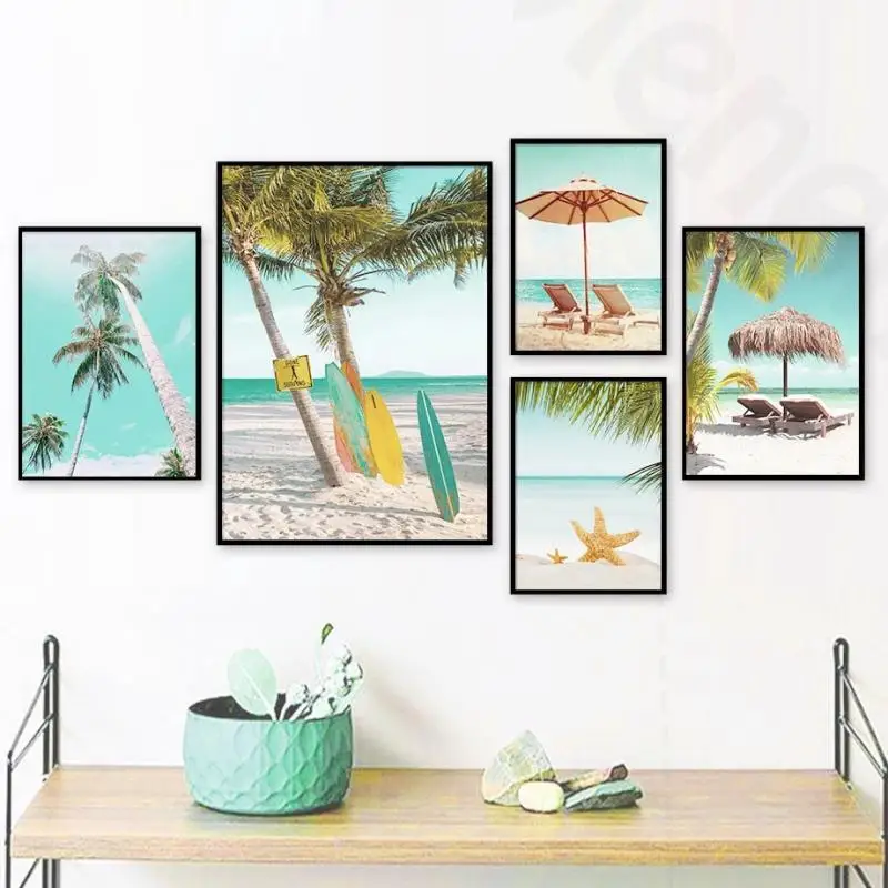 

Maldives Seascape Poster and Print Beach Surfboard Coconut Tree Car Wall Art Canvas Painting Home Decoration Living Room Bedroom