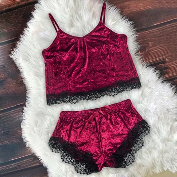 

Muyogrt Women's Sexy Pajamas Sets Velvet Camis Lace Tops Shorts 2 Pieces Set Female Sleepwear Nightwear Sexy Lingerie Set Mujer