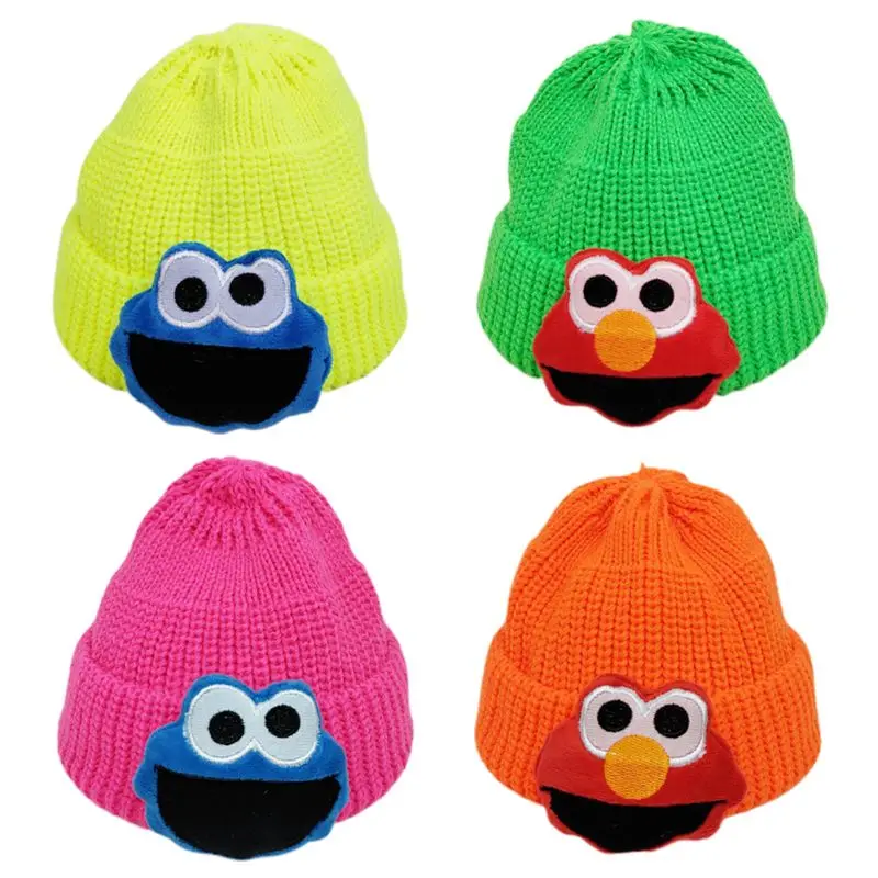 

Toddler Boy Girl Ribbed Knit Cuffed Beanie Hat Neon Solid Color Cute Cartoon 3D Embroidery Big Eyes Doll Elastic Winter Warm Cap