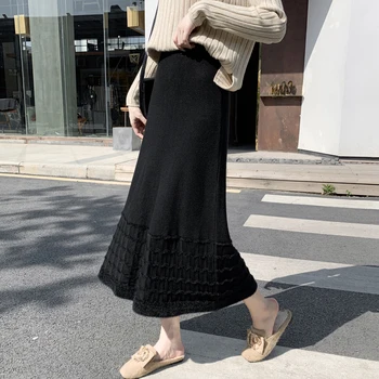 

New Knitted Skirt for Autumn and Winter 2020 Korean A- Line Skirts Flocking Midi Skirt Pleated Japan Style Knitting Solid