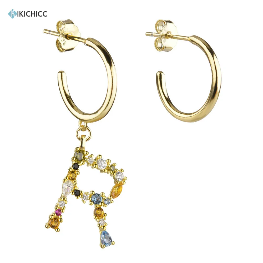 

Kikichicc, Стерлинговое Серебро 925 пробы, 26 цветов, серьги-капли с надписью, алфавит, очаровательные женские роскошные круглые петли, круглые ювелирные изделия