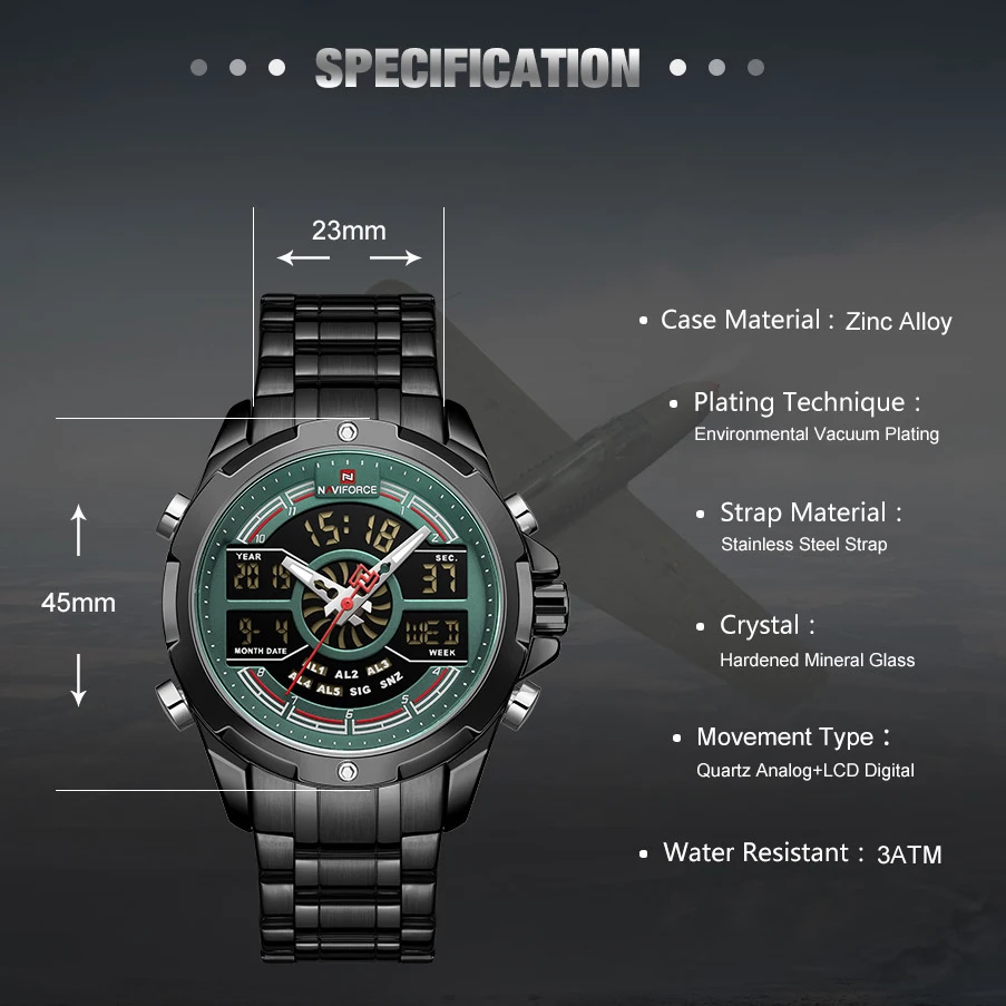 NAVIFORCE Men Sport Stop Watch Luminous Hands and LED display Multiple Time Zone Quartz Watches For Male Clock Chronograph Watch
