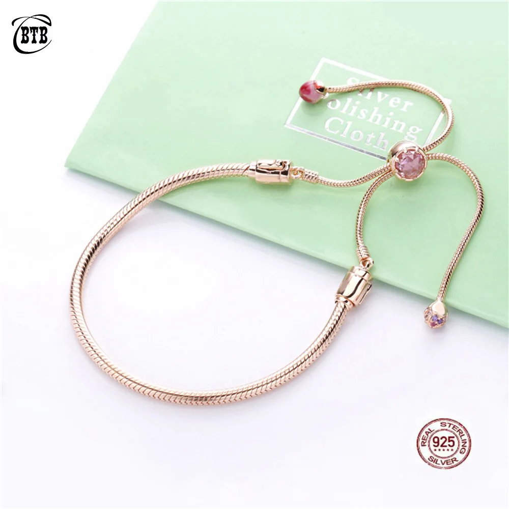 

925 Rose Gold Sterling Silver with Zircon Chain Romantic Peach Flower Sliding Charm Adjust Bracelet