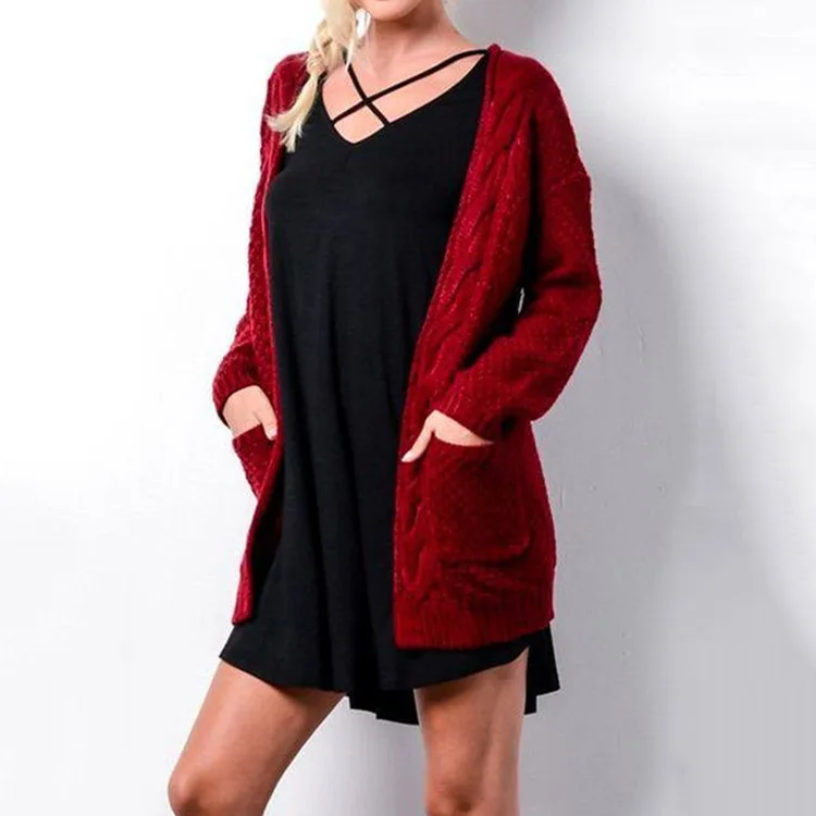 S-3XL, осень, зима, продукт, европейский стиль, длинный, будет код, сплошной цвет, карман, свитер, женский, Конопляный, с цветами, вязаный кардиган - Цвет: Бургундия