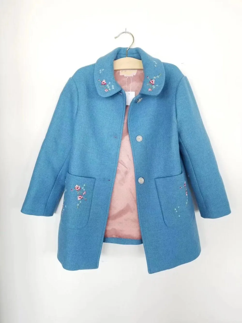 Зимняя модная синяя куртка, пальто, верхняя одежда, шерстяное пальто с вышитыми цветами, Брендовая верхняя одежда вишни, От 2 до 12 лет