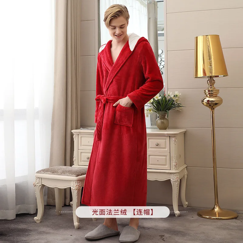 Women Night Robe Nightwear Sleepwear Dress Autumn And Winter Flannel Robe Hooded Bathrobe Thick Pajamas Plus-sized - Color: Red Men s