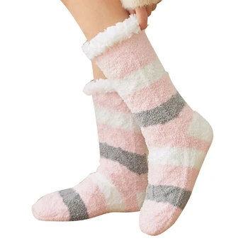 

Newly 1 Pair Indoor Socks Warm Thicken Stripe Stretchy Soft Anti-slip for Winter Home