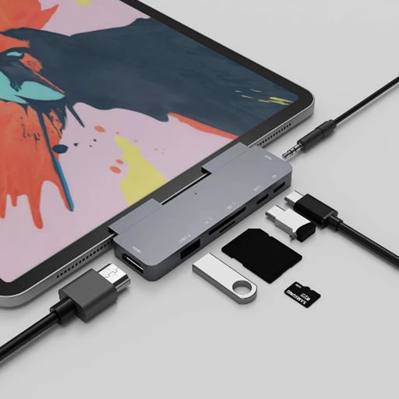 7 Port USB Type C HUB Adapter for Pro USB C to headphone 4K HDMI PD Dongle 1pc