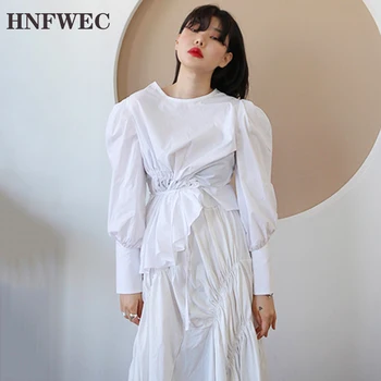 

Europe Fashion Women's Sets Spring New 2020 Irregular Puff Sleeve Shirt Women Cotton High Waist Drawstring Two Pieces V859