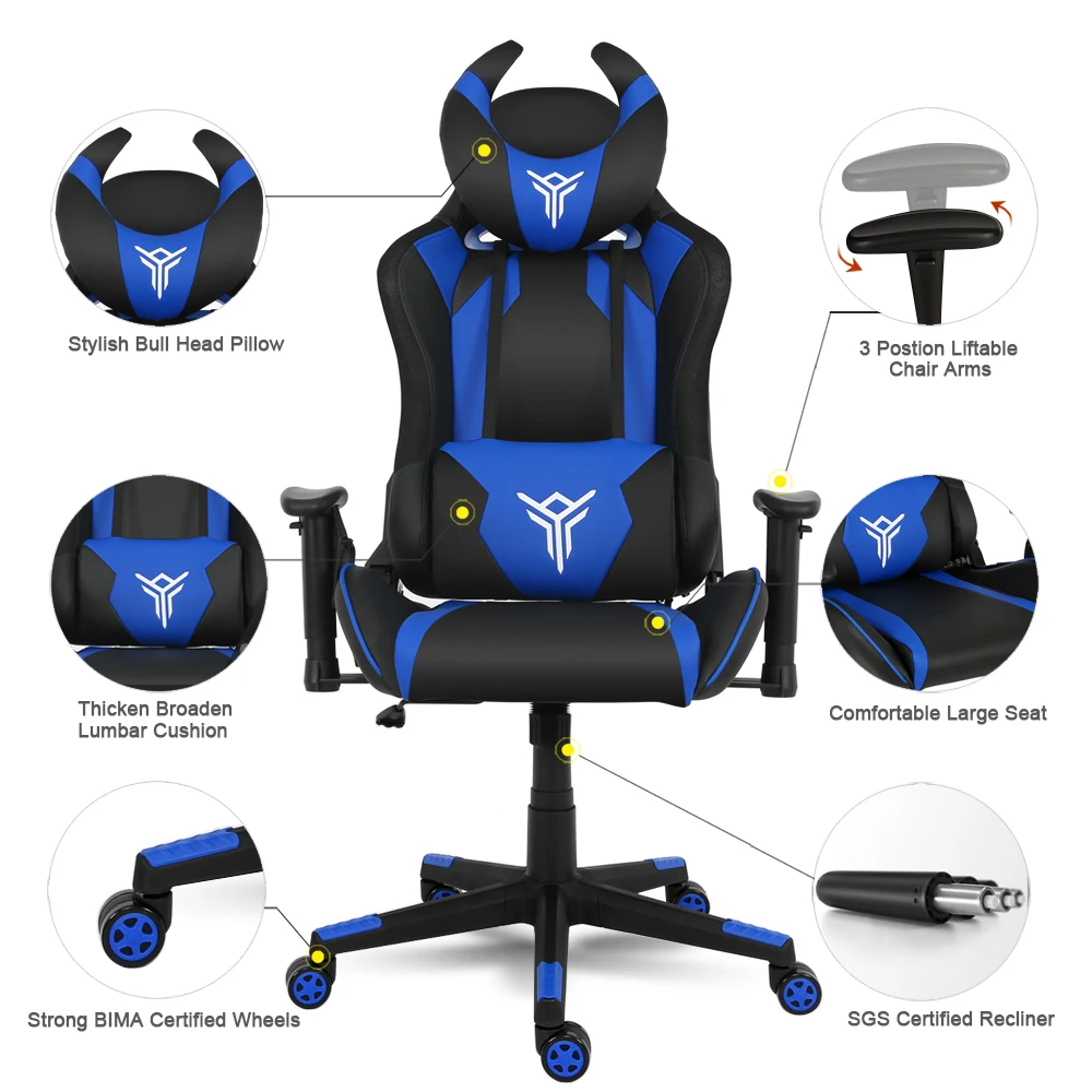  RGB Racing Gaming Chair LED Lighting Computer Chair Ergonomic Adjustable Swivel Task Chair Headrest