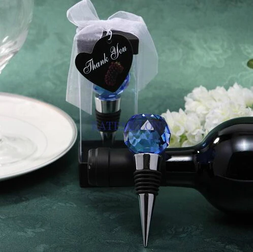 Blue Color Crystal Ball Shape Wine Bottle Stopper with Organza Ribbon and Thank you Tag Wedding Party Favor Guest Gift Present